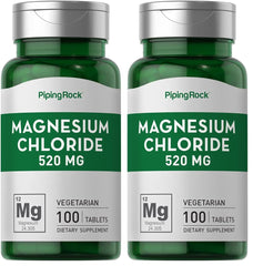Piping Rock magnesium chloride 520mg tablets close-up showing easy-to-swallow form.