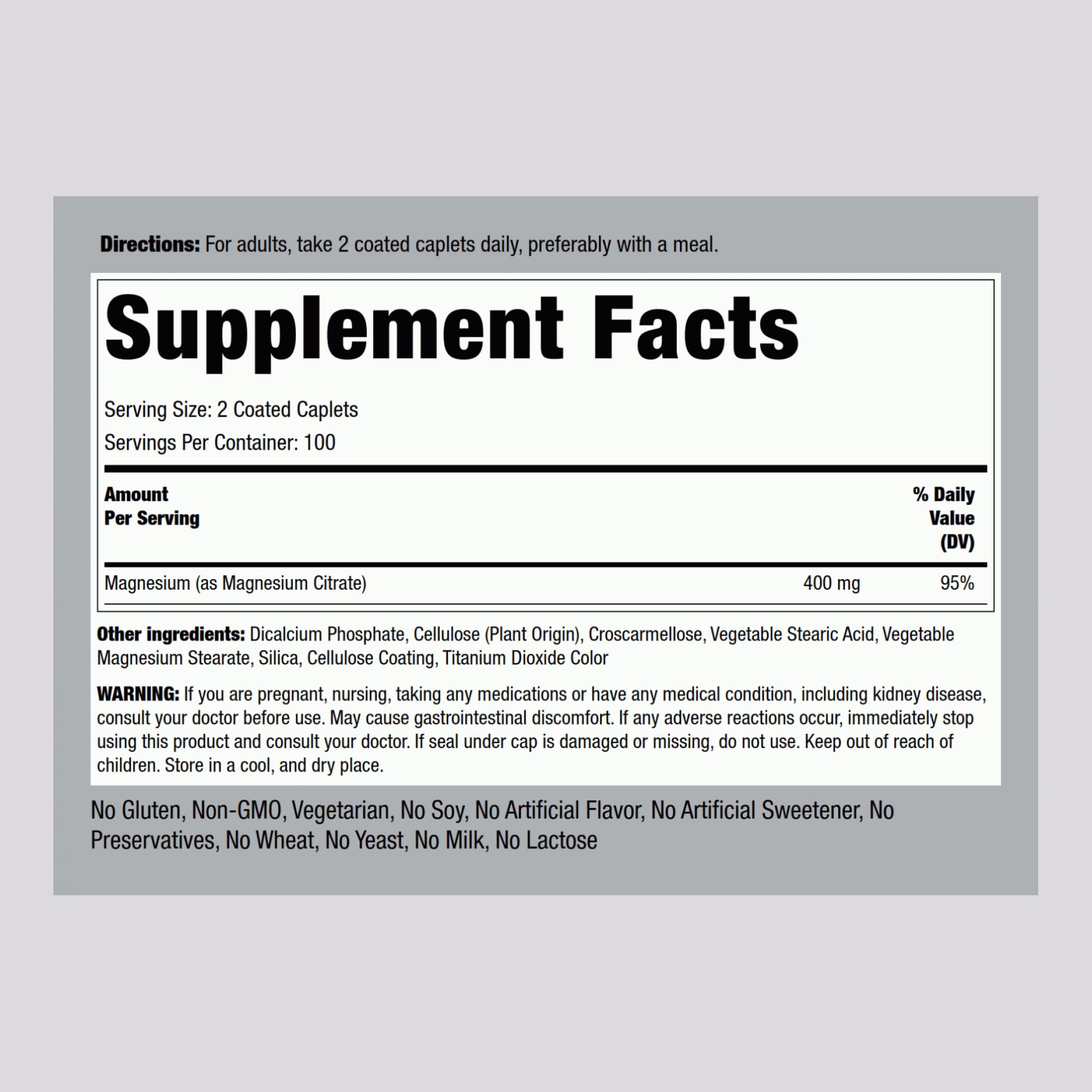 Piping Rock Magnesium Citrate caplets close-up shows smooth coating for easy swallowing.