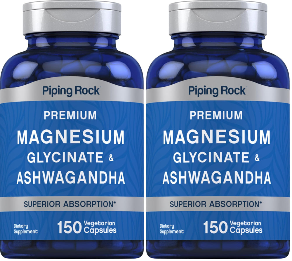 Piping Rock Magnesium Glycinate and Ashwagandha bottle supports daily calm and muscle comfort