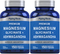 Piping Rock Magnesium Glycinate and Ashwagandha bottle supports daily calm and muscle comfort