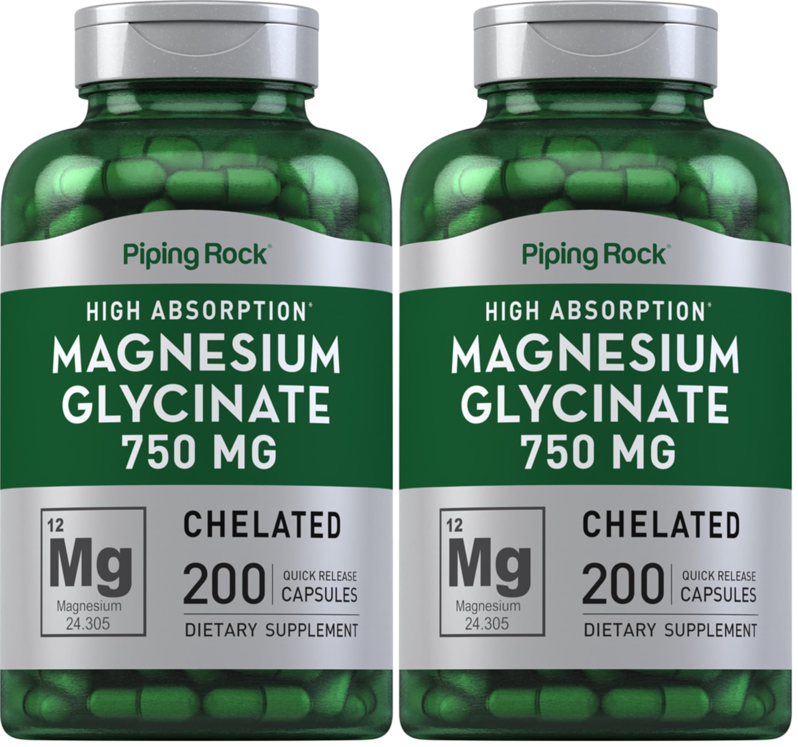 Piping Rock magnesium glycinate capsules bottle for high-absorption daily support.