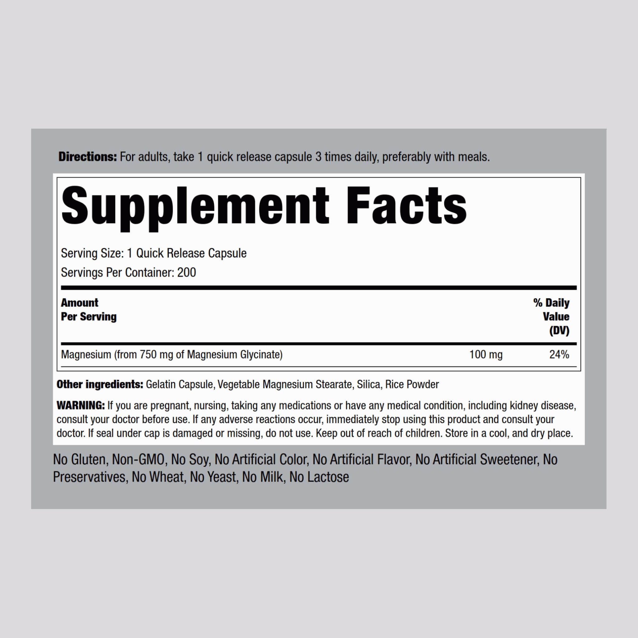 Close-up of the 750 mg chelated magnesium glycinate label on the Piping Rock bottle.