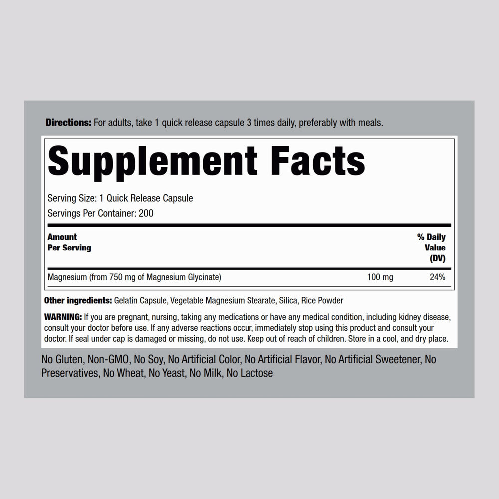 Close-up of the 750 mg chelated magnesium glycinate label on the Piping Rock bottle.