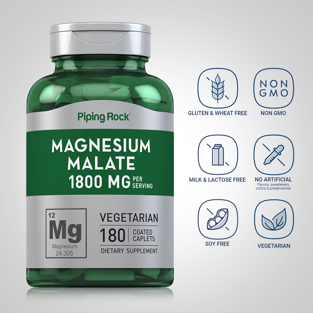 Piping Rock Magnesium Malate vegetarian coated capsules on a bright background