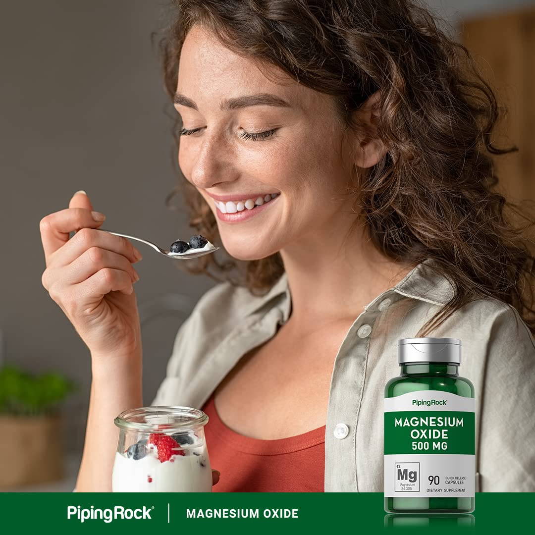 Piping Rock Magnesium Oxide capsules gluten-free badge indicates suitability for gluten-free diets.