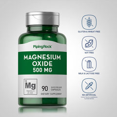 Piping Rock Magnesium Oxide capsules ingredient label highlights high potency and essential mineral content.