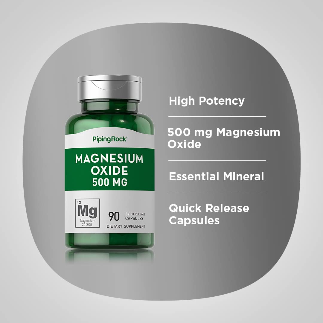 Piping Rock Magnesium Oxide capsules pack of 2 demonstrates convenient multi-pack for ongoing use.