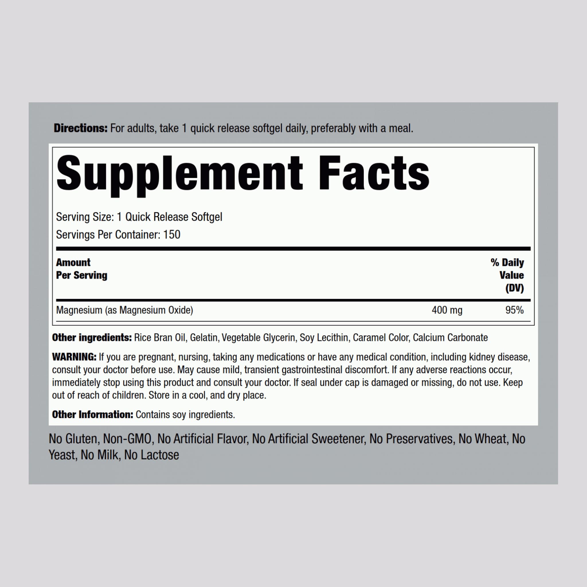 Piping Rock Magnesium Softgels bottle back — dosage and ingredients information for informed use