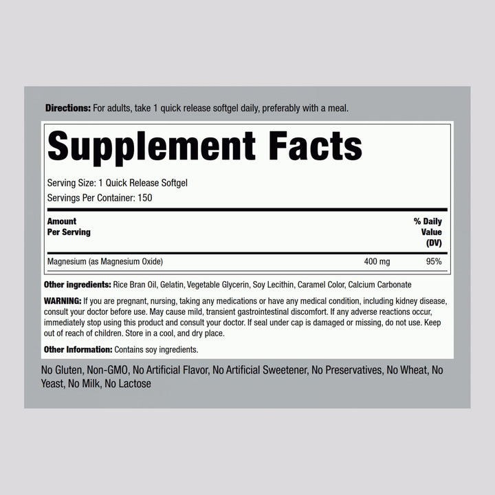 Piping Rock Magnesium Softgels bottle back — dosage and ingredients information for informed use