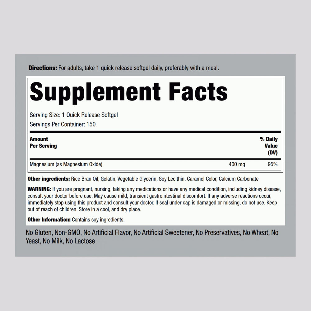 Piping Rock Magnesium Softgels bottle back — dosage and ingredients information for informed use
