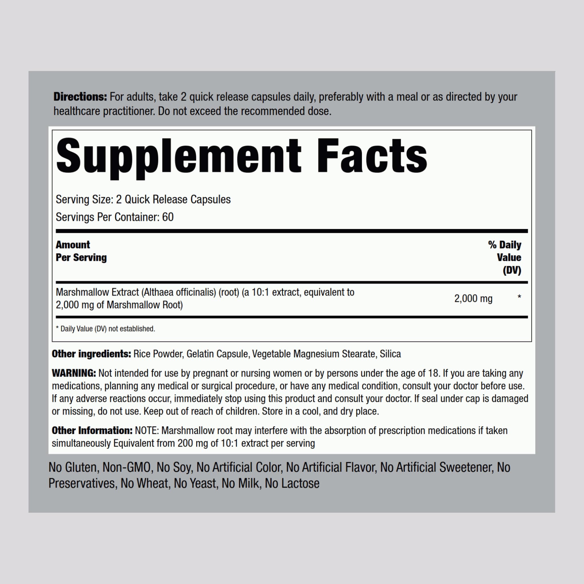 Piping Rock Marshmallow Root capsules for easy, quick dosing