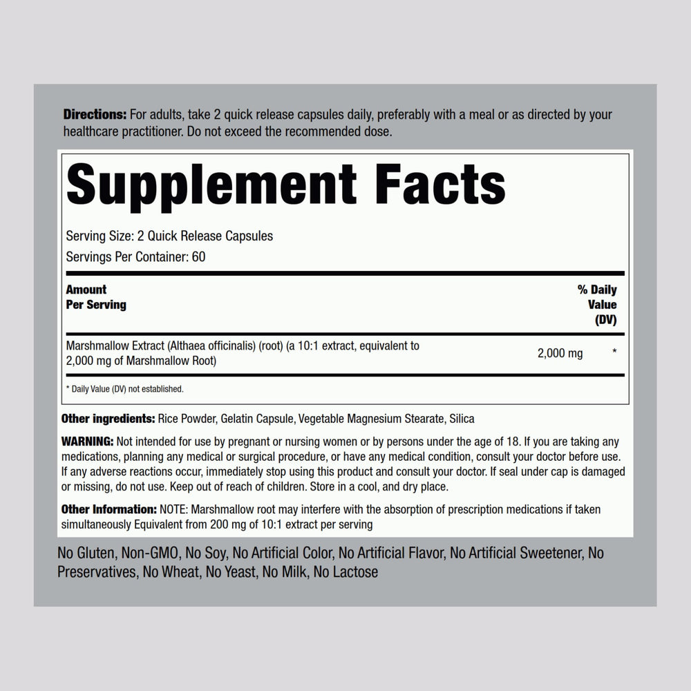 Piping Rock Marshmallow Root capsules for easy, quick dosing