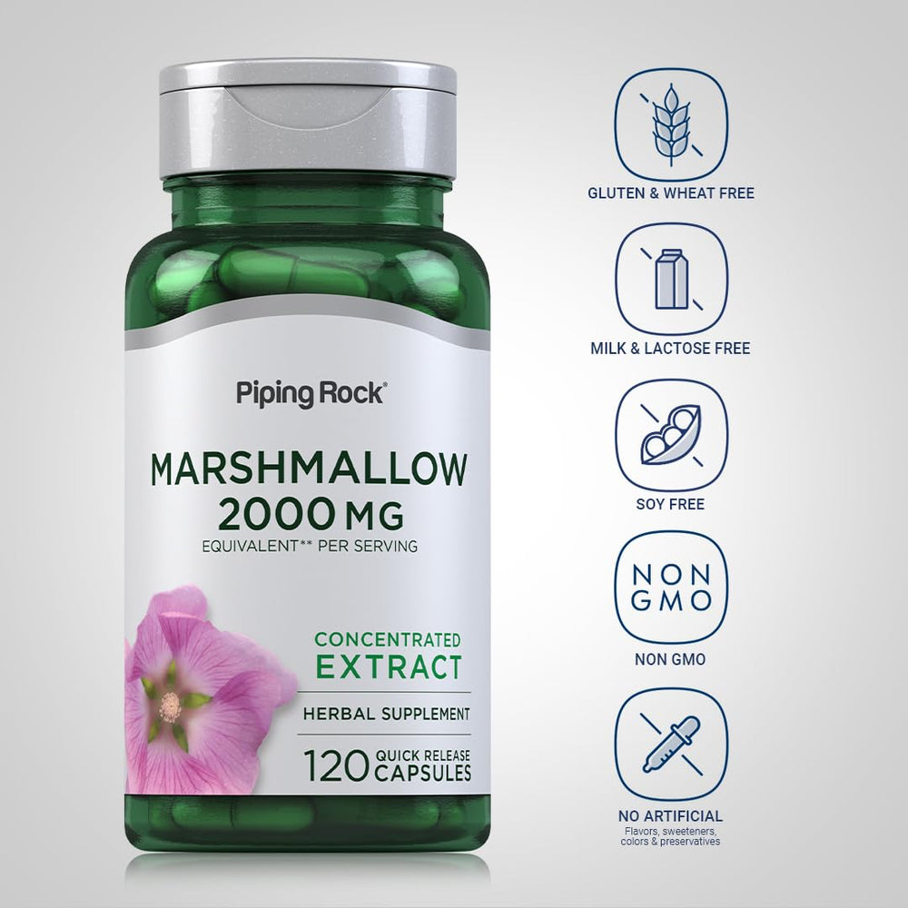 Close-up of Piping Rock marshmallow root label with dosage