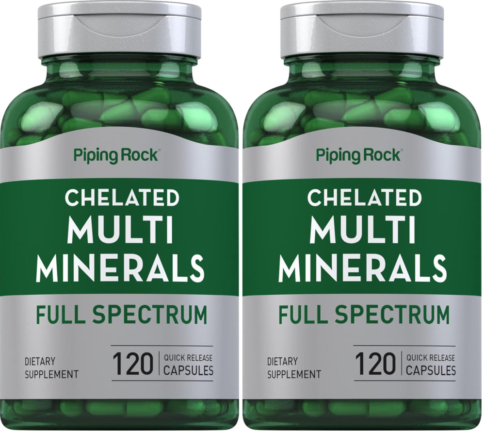 Piping Rock Mega Multi Mineral bottle front showing iron-free blend for daily mineral support.