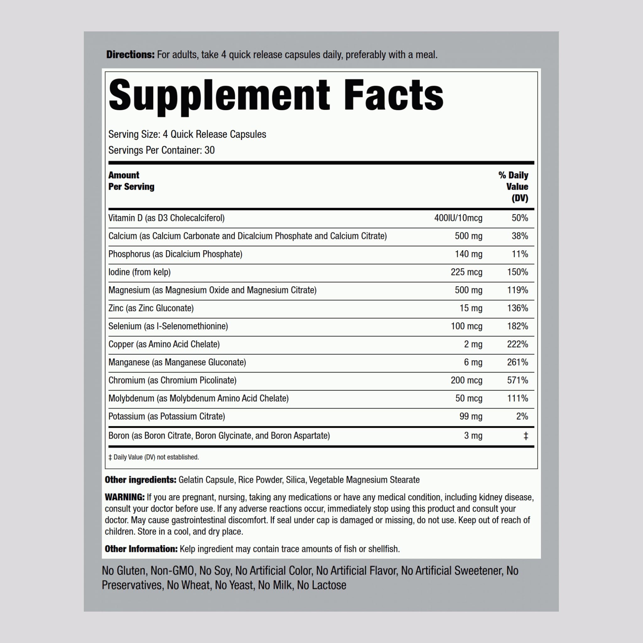 Piping Rock Mega Multi Mineral bottle label highlights chelated minerals for enhanced absorption.