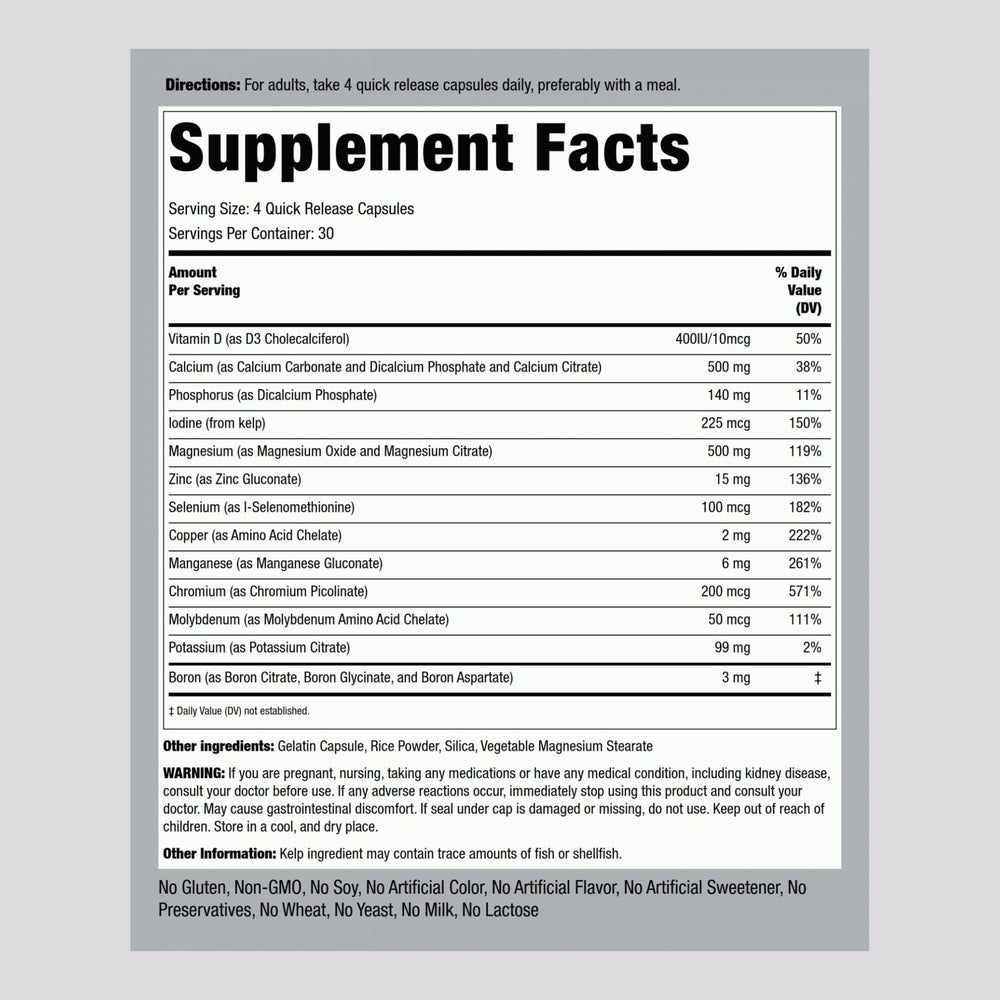 Piping Rock Mega Multi Mineral bottle label highlights chelated minerals for enhanced absorption.