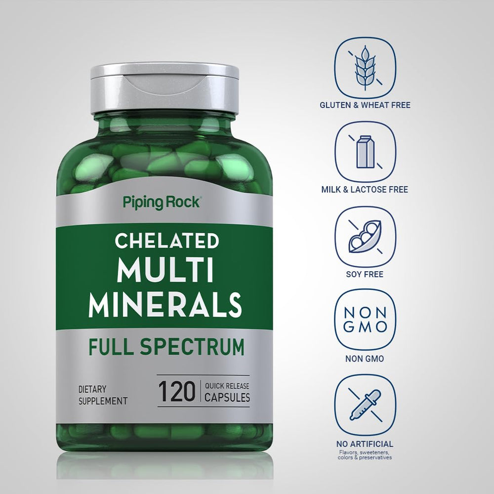 Piping Rock Mega Multi Mineral capsules closeup emphasizes quick release capsules.