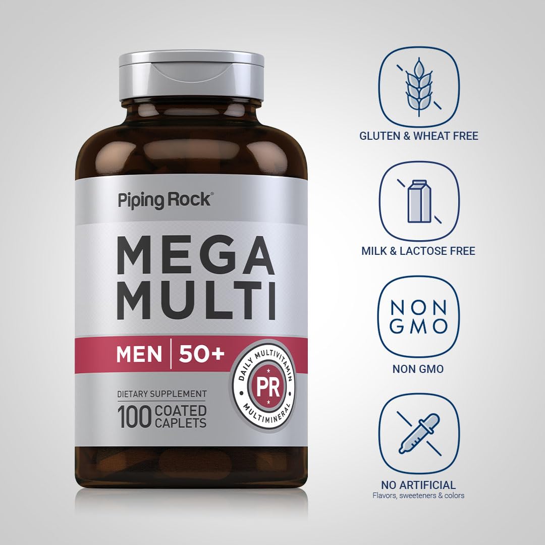 Piping Rock Men 50+ Multivitamin label detail highlights vitamin D3 and minerals