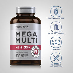 Piping Rock Men 50+ Multivitamin label detail highlights vitamin D3 and minerals