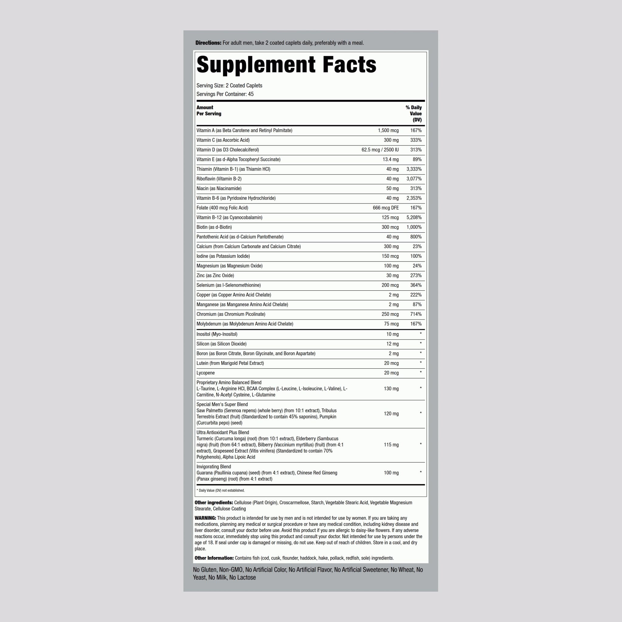 Piping Rock Men's Multivitamin bottle back with supplement details for informed choice