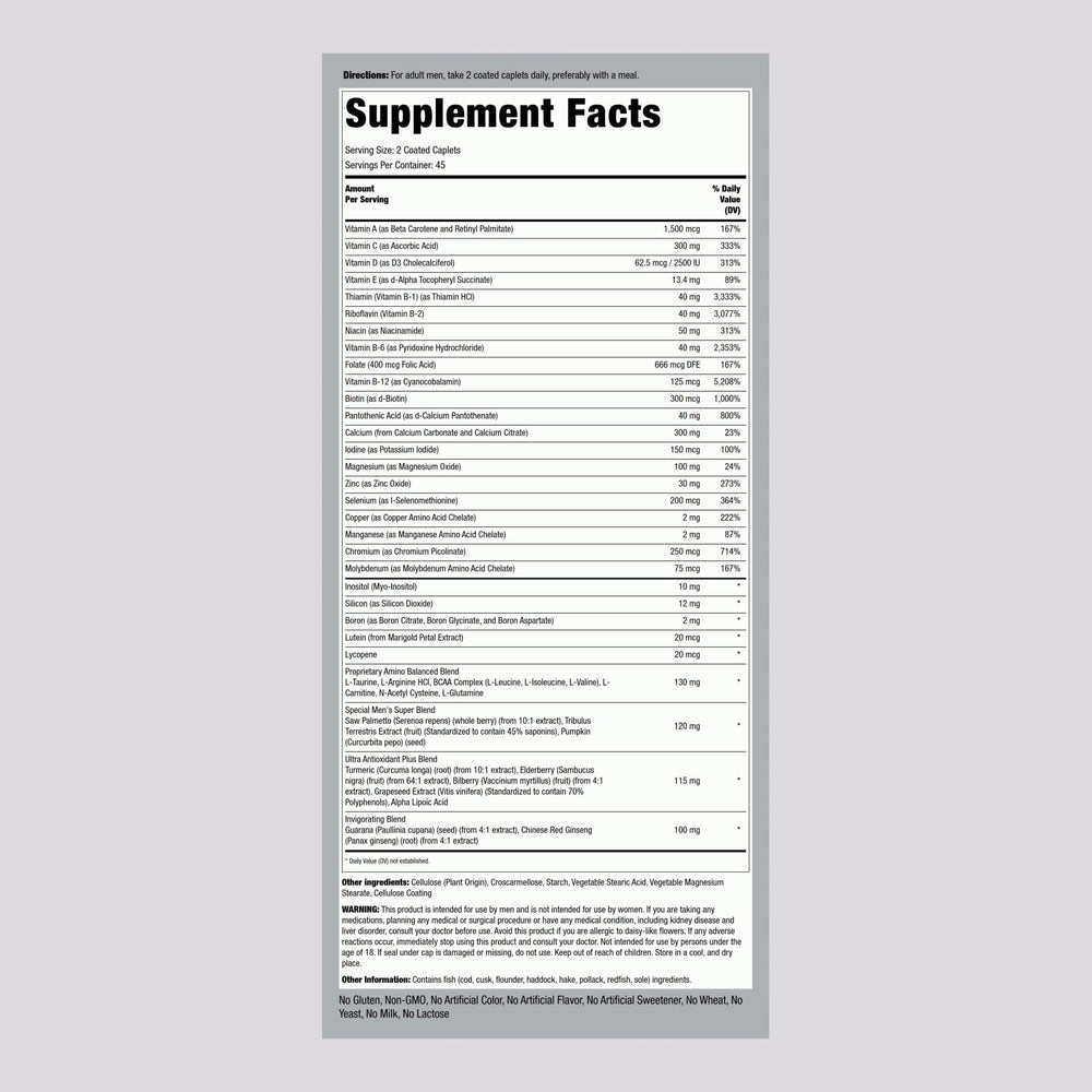 Piping Rock Men's Multivitamin bottle back with supplement details for informed choice