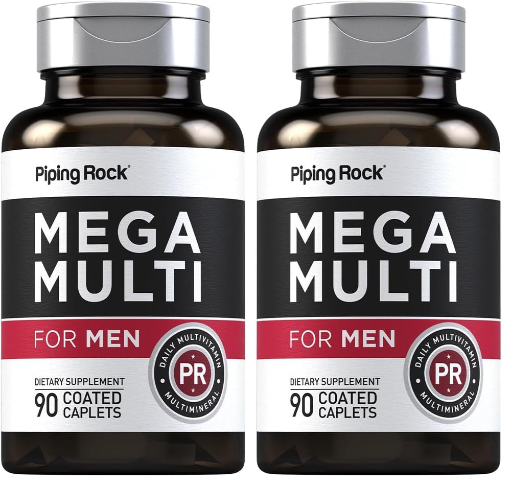Piping Rock Men's Multivitamin bottle front with two-pack bundle for daily wellness