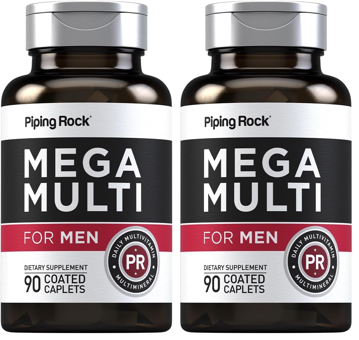 Piping Rock Men's Multivitamin bottle front with two-pack bundle for daily wellness