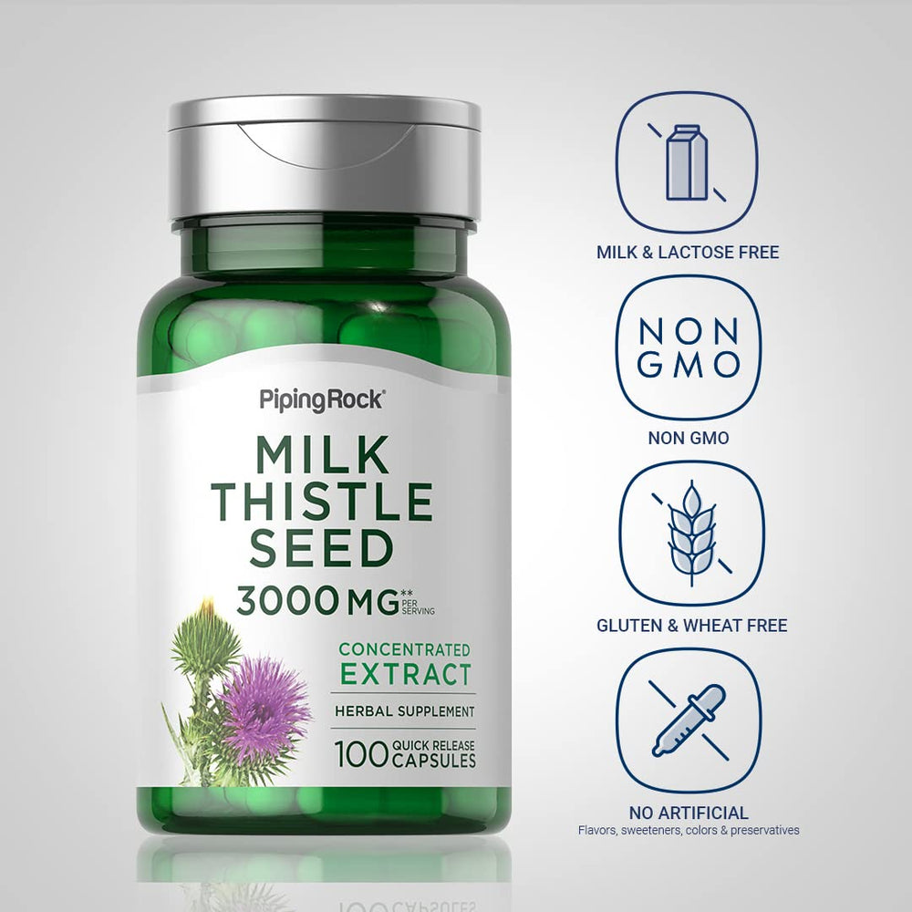 Piping Rock Milk Thistle 3000mg capsules arranged for a quick-release experience