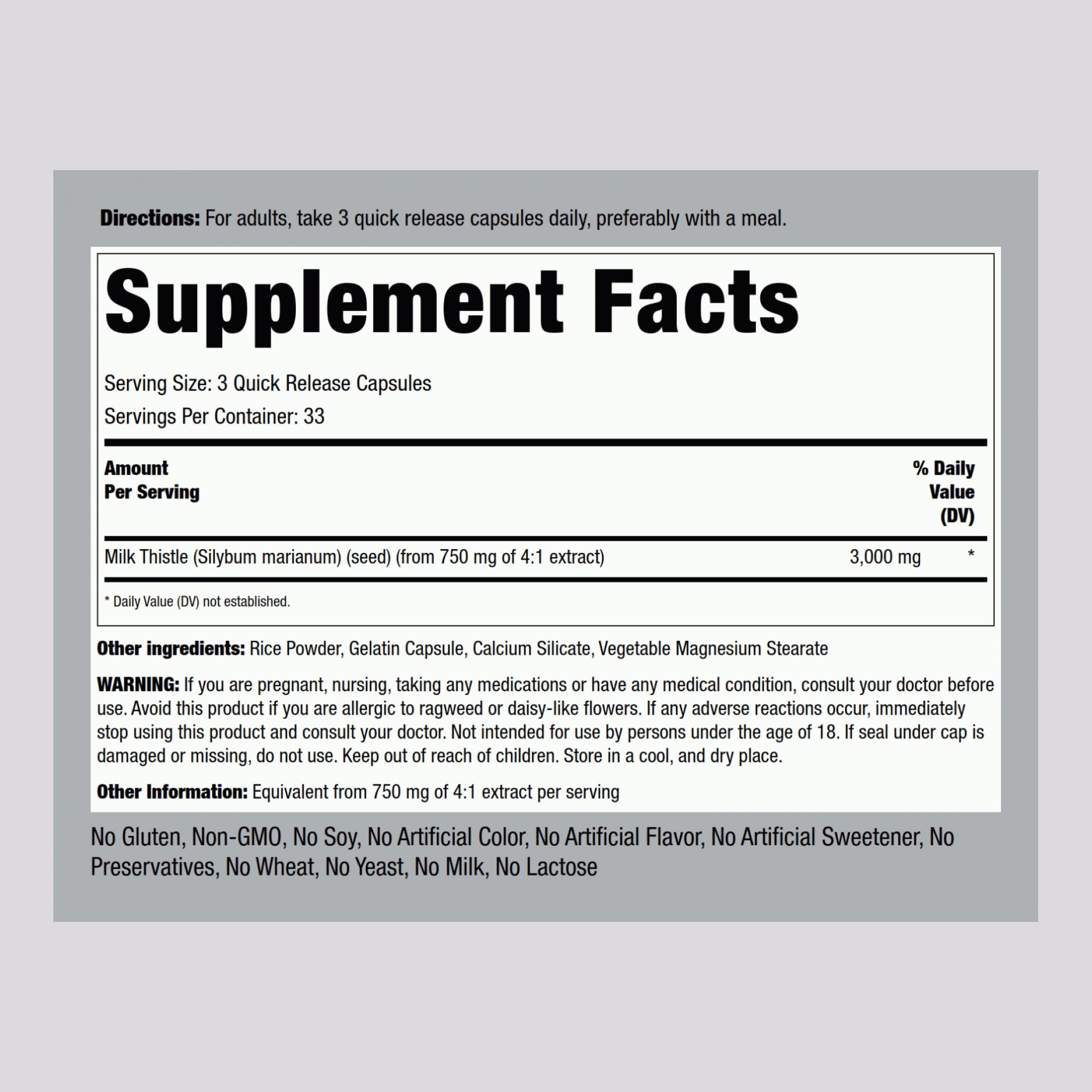 Piping Rock Milk Thistle bottle label showing 3000 mg per serving.