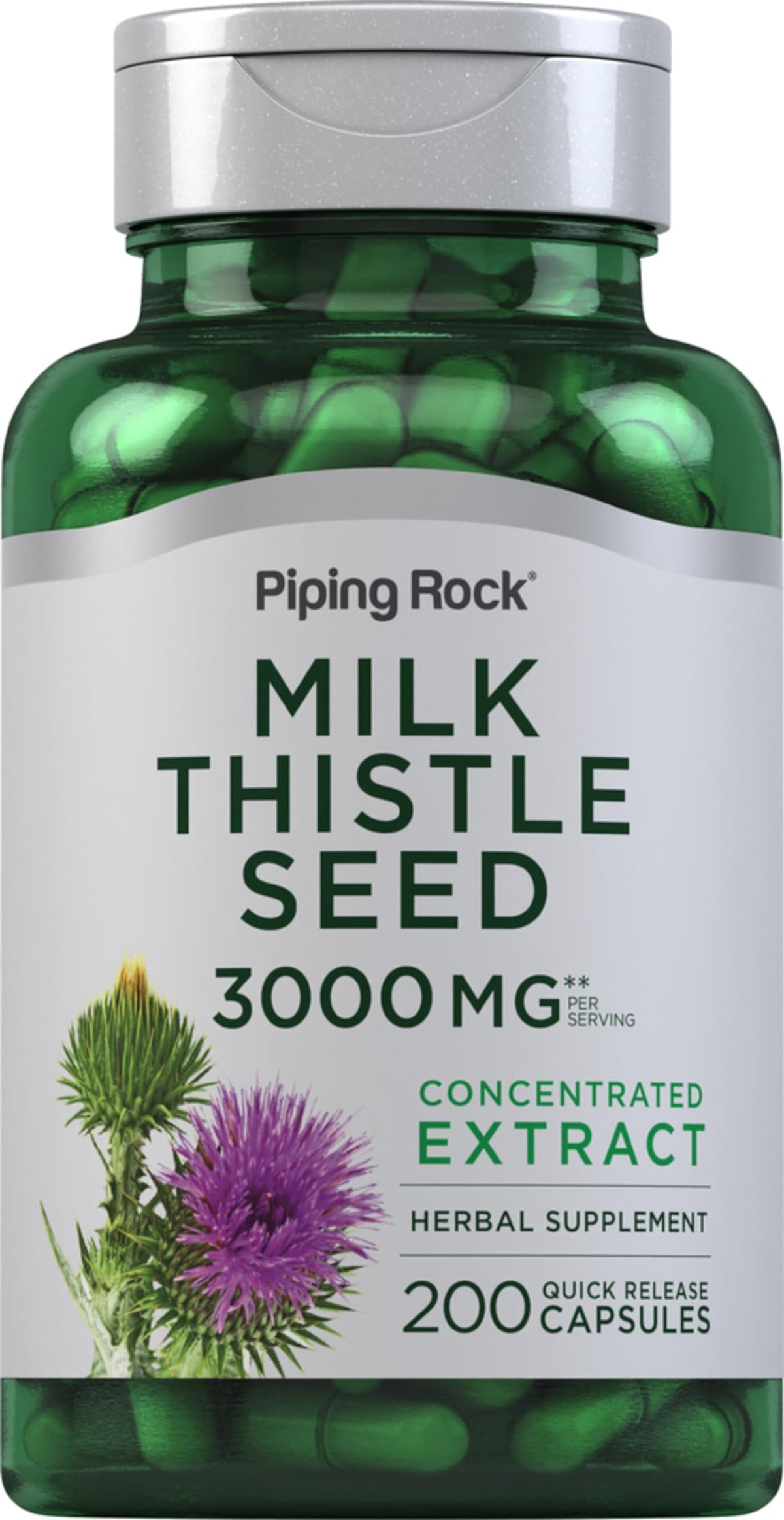 Piping Rock Milk Thistle bottle front view supporting daily wellness with concentrated extract.
