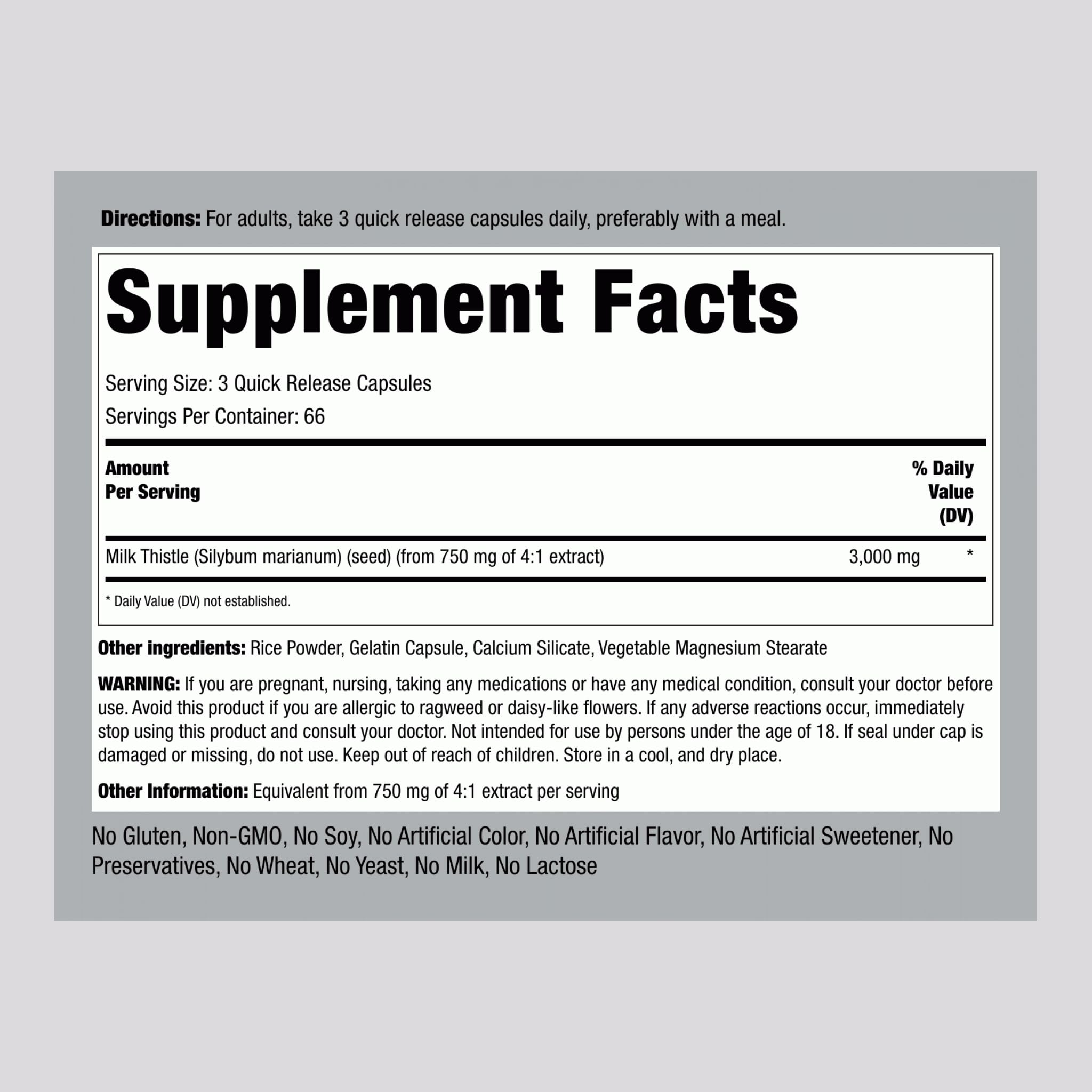Piping Rock Milk Thistle bottle label close-up highlighting Non-GMO and Gluten Free features.