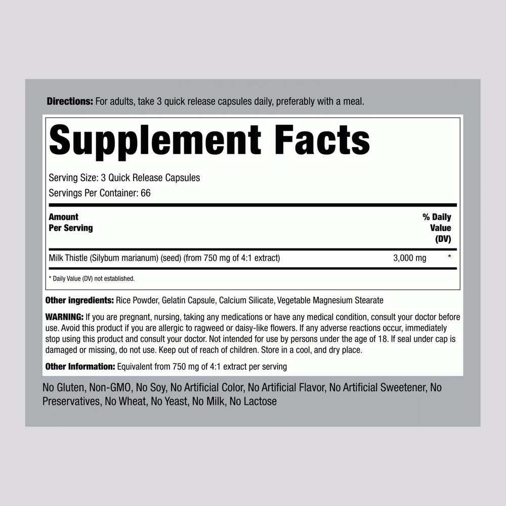 Piping Rock Milk Thistle bottle label close-up highlighting Non-GMO and Gluten Free features.