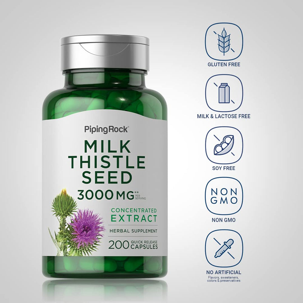 Piping Rock Milk Thistle capsules on white surface for easy daily dosage.