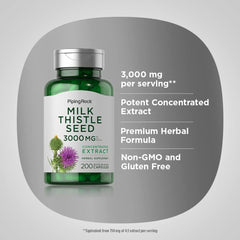 Piping Rock Milk Thistle supplement ingredients panel showing 3,000mg per serving.
