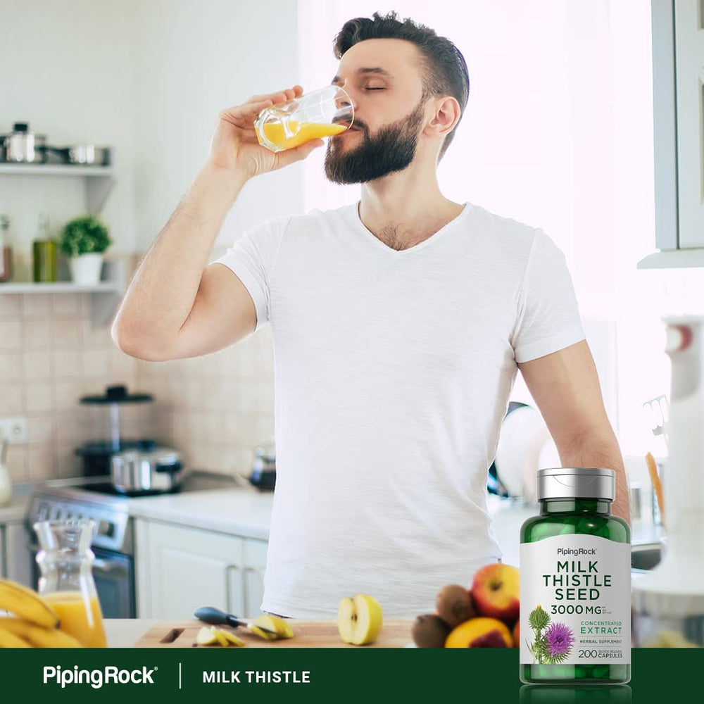 Piping Rock Milk Thistle packaging on kitchen counter conveying premium herbal formula.