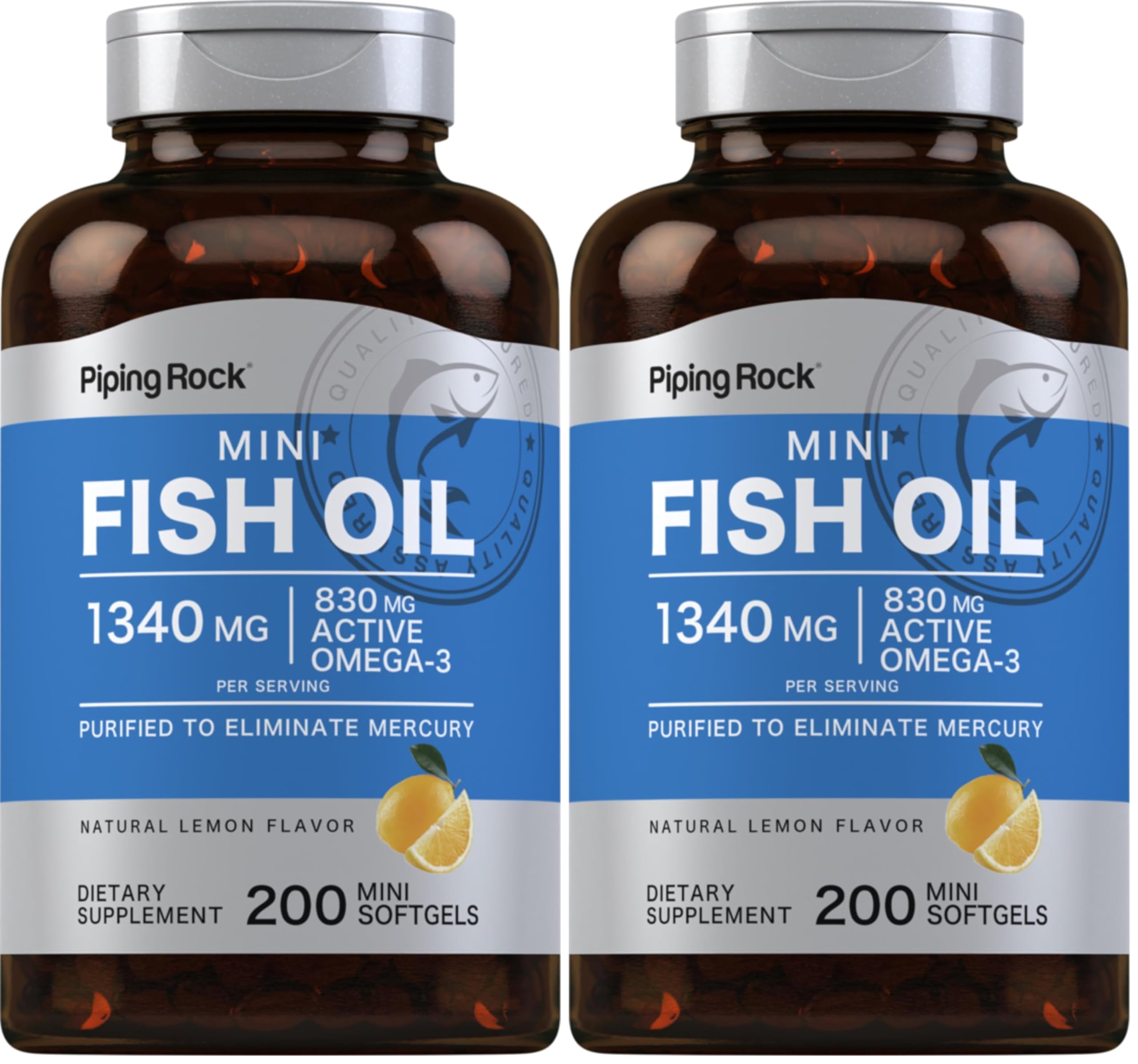 Piping Rock Mini Fish Oil bottle with 1340mg formula for easy daily omega-3