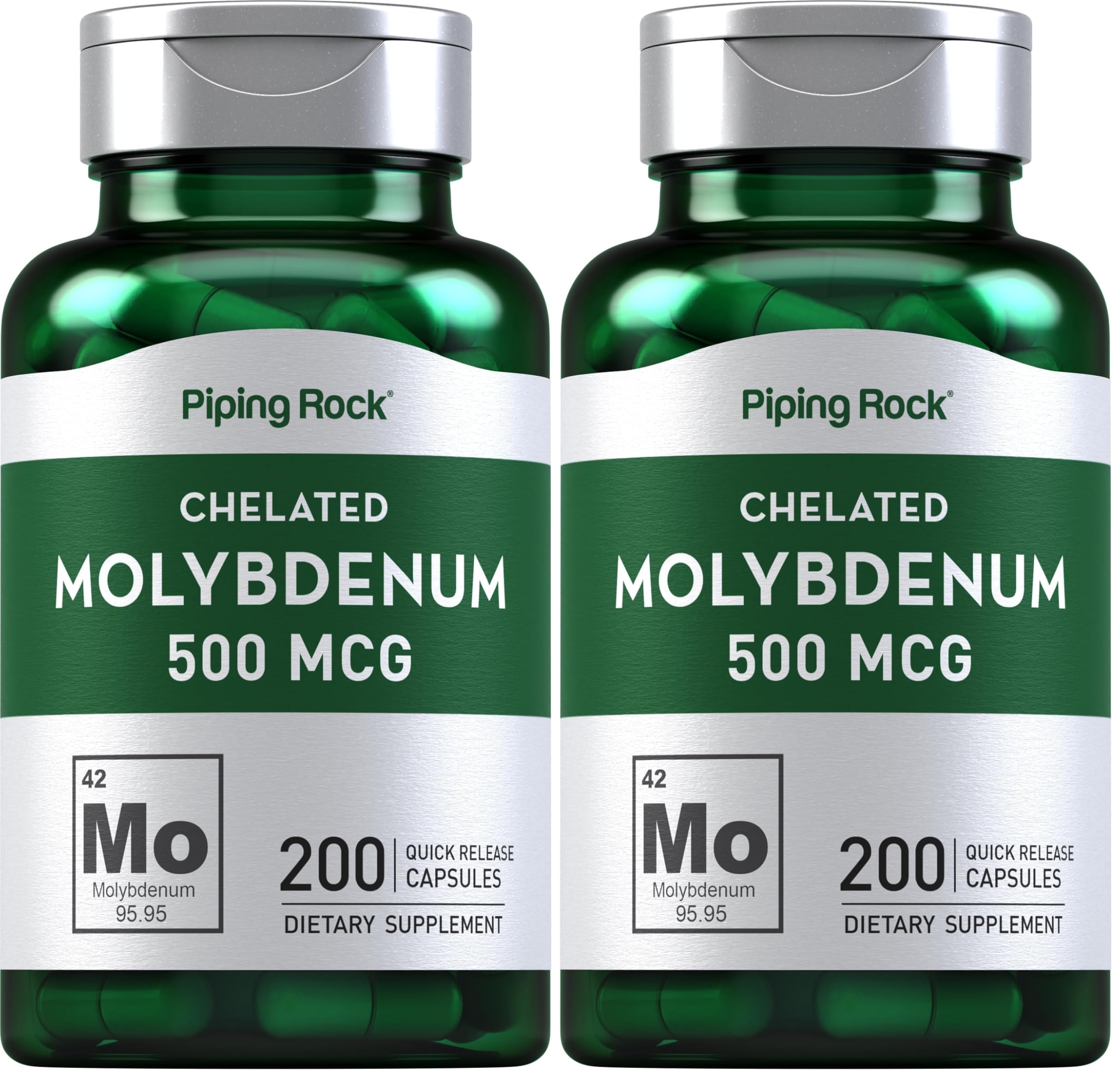 Piping Rock molybdenum bottle showing 500 mcg dosage per capsule