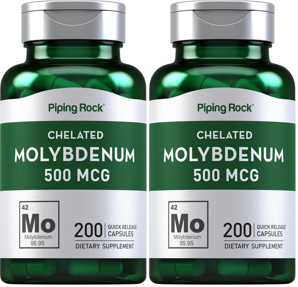 Piping Rock molybdenum bottle showing 500 mcg dosage per capsule