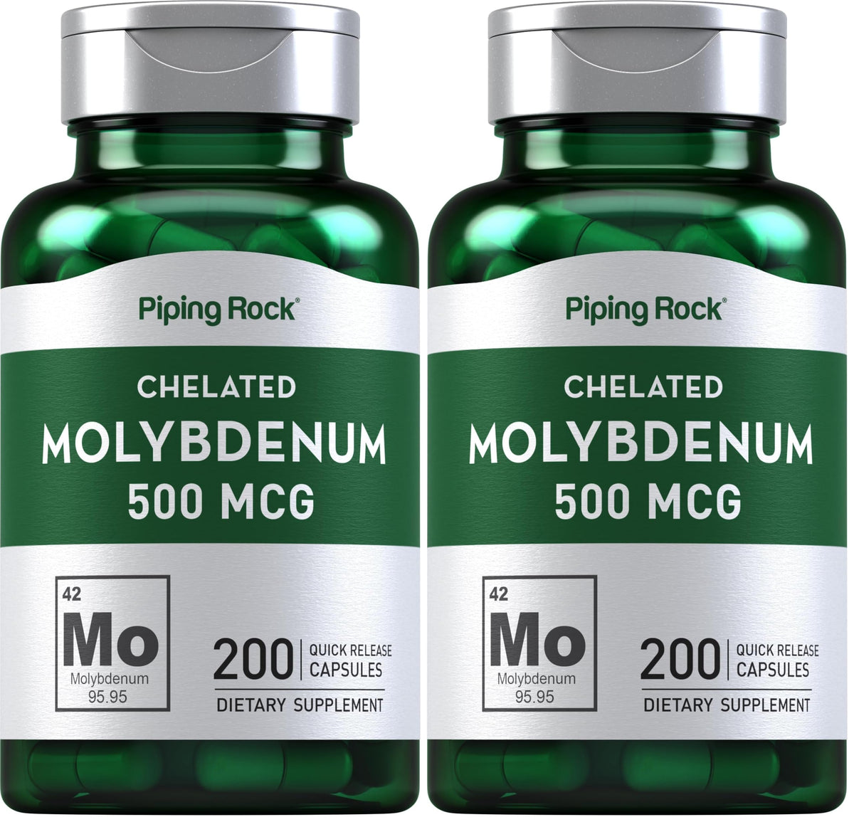 Piping Rock molybdenum bottle showing 500 mcg dosage per capsule