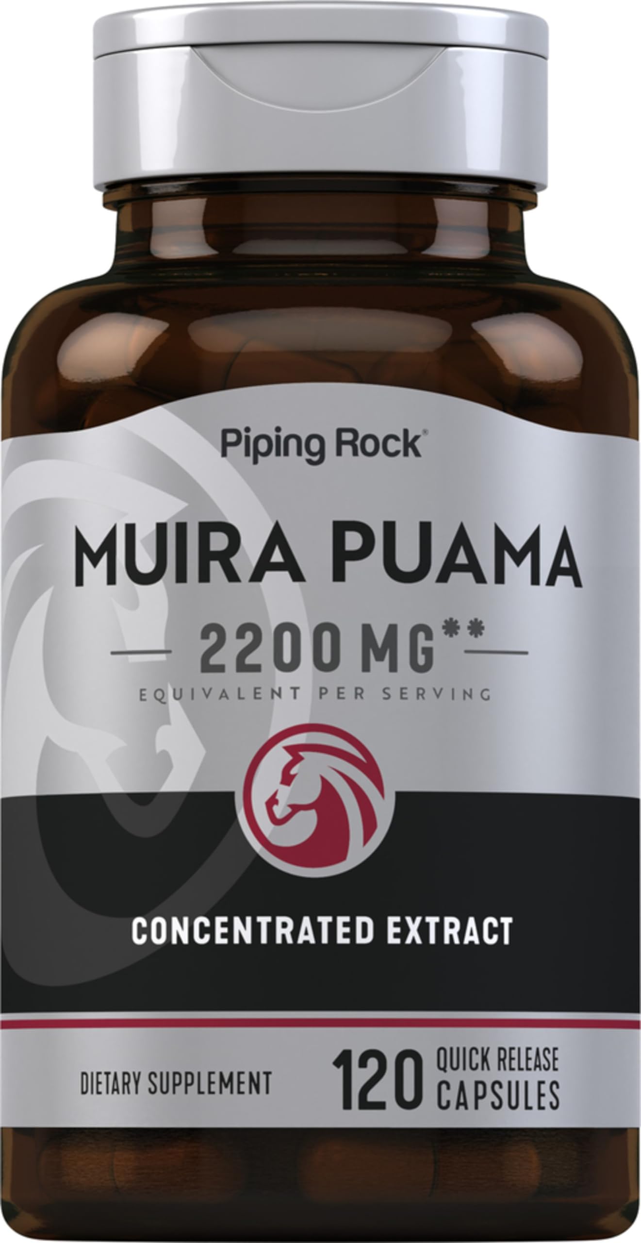 Piping Rock Muira Puama root bottle front promotes daily vitality.