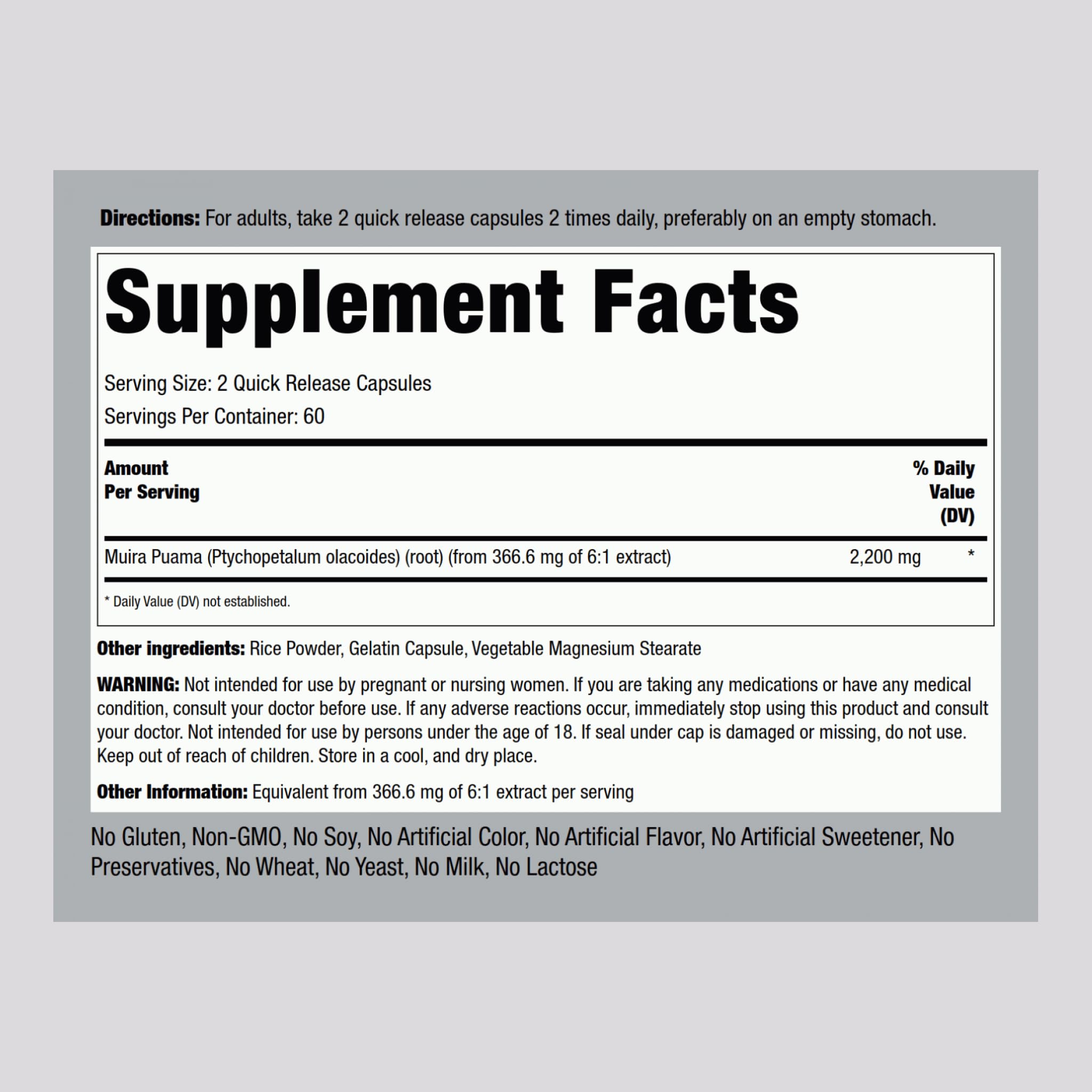 Piping Rock Muira Puama root bottle side shows gluten-free, non-GMO formula.