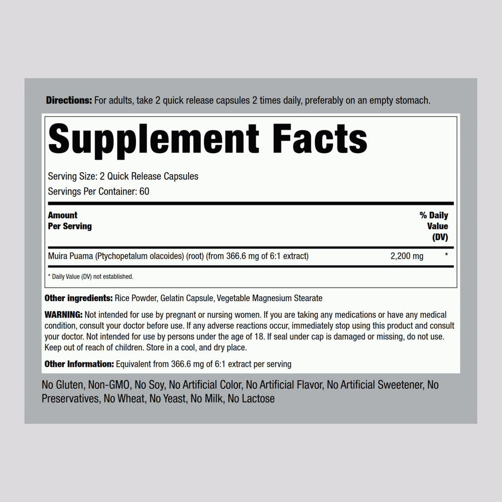 Piping Rock Muira Puama root bottle side shows gluten-free, non-GMO formula.