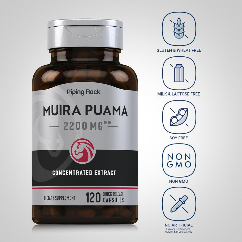 Piping Rock Muira Puama root capsules close-up for quick-release convenience.