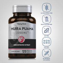 Piping Rock Muira Puama root capsules close-up for quick-release convenience.