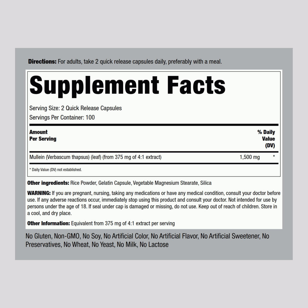 Piping Rock Mullein Leaf Extract capsules designed for easy, consistent dosing.