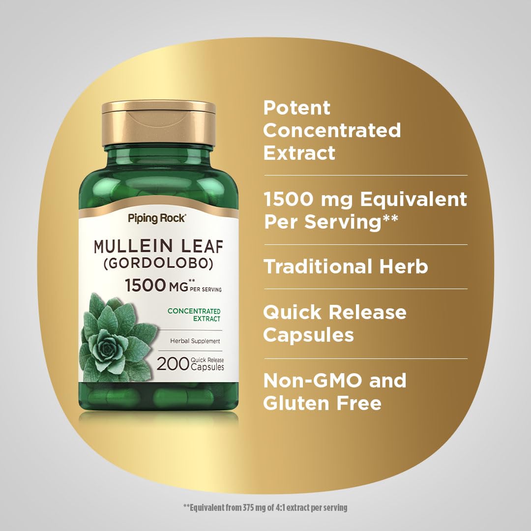 Piping Rock Mullein Leaf Extract label close-up showing purity and ingredients.