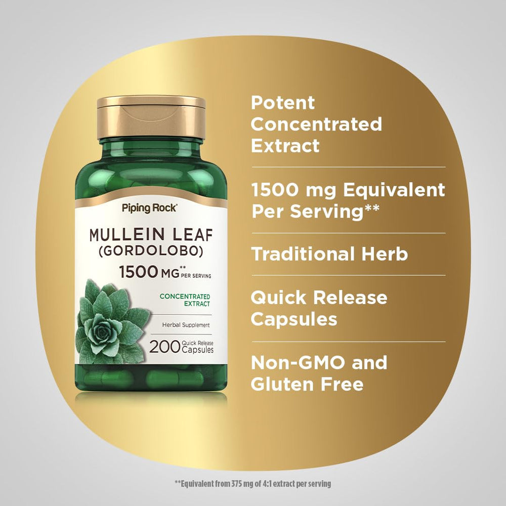 Piping Rock Mullein Leaf Extract label close-up showing purity and ingredients.