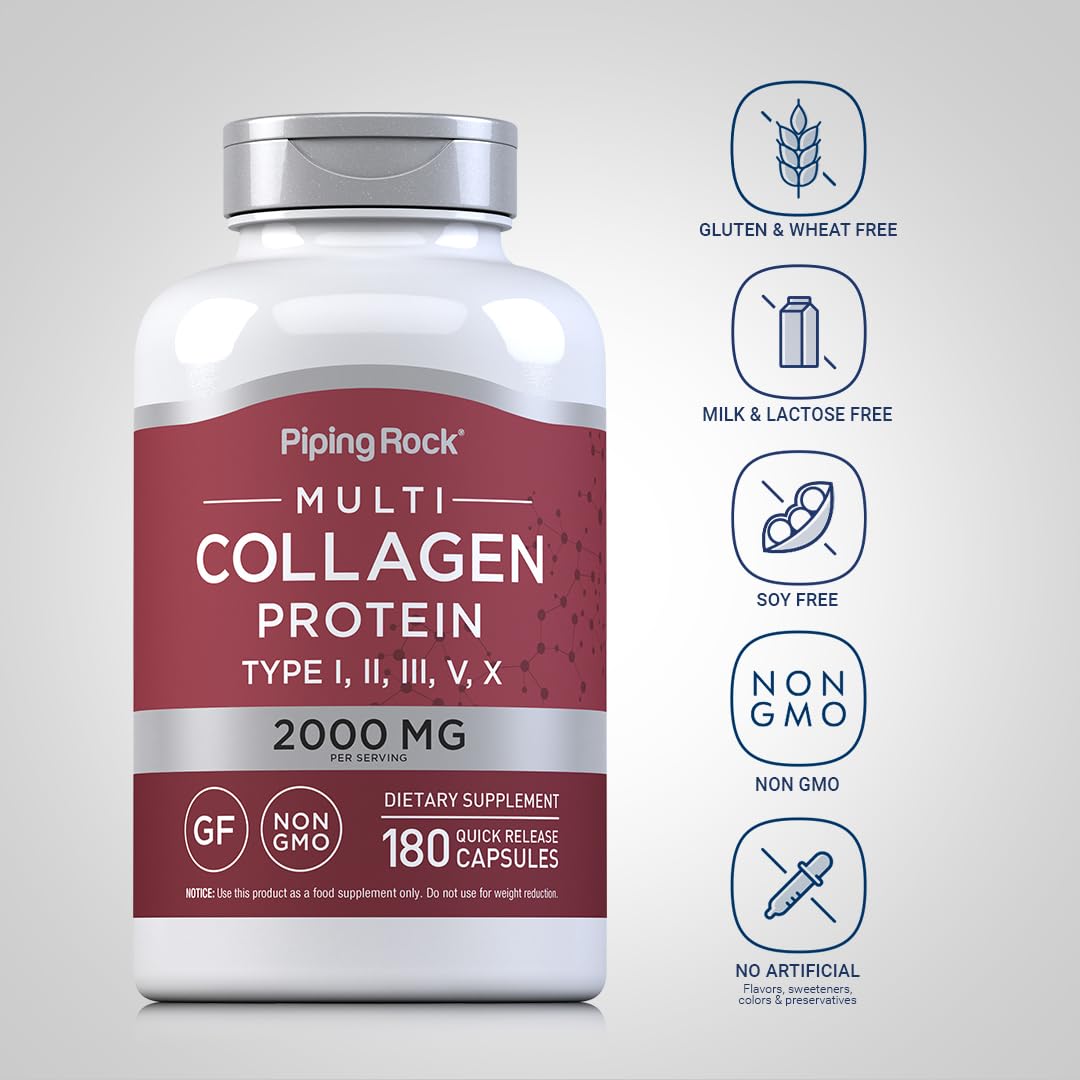 Piping Rock Multi Collagen label back shows ingredients and dietary details.