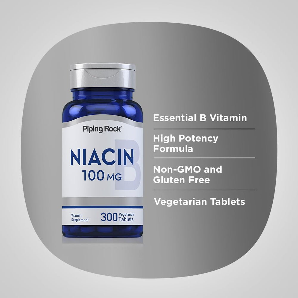 Label detail on Piping Rock Niacin 100mg bottle highlights purity