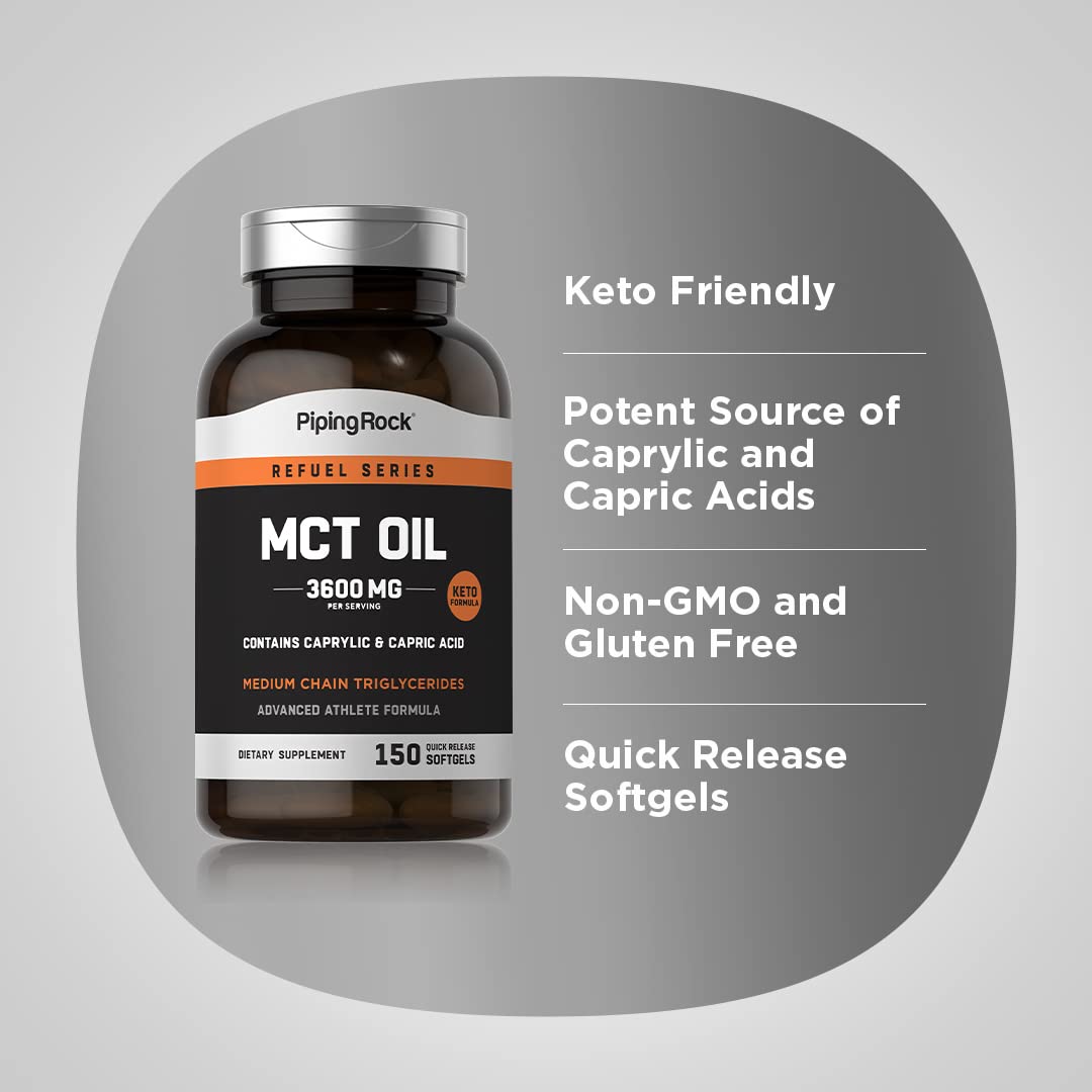Piping Rock MCT oil softgels, Non-GMO and gluten-free for dietary comfort.